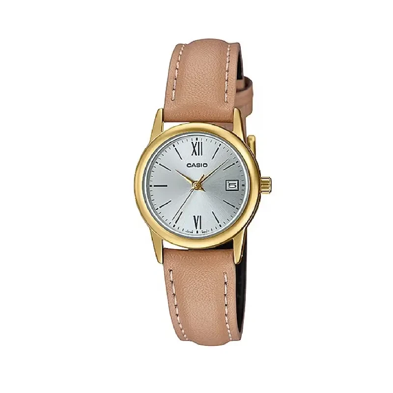 Casio Gray Dial Date Brown Leather Ladies Watch- LTP-V002GL-7B3